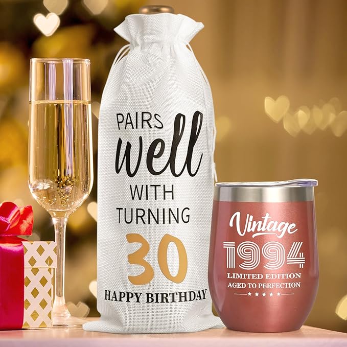 Lifecapido 30th Birthday Gifts for Women, Vintage 1994 Limited Edition Insulated Wine Tumbler with Wine Bag, 30 Year Old 30th Birthday Presents Christmas Gifts for Sisters Wine Lover Friends, 12 oz