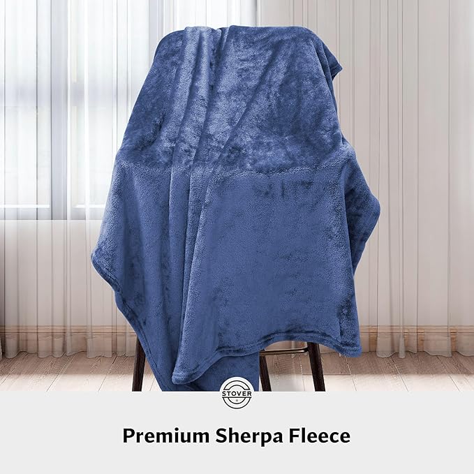 STOVER 2-in-1 Combo Airplane Travel Blanket & Pillow Bag- Lightweight, Compact, Packable, Warm Premium Fleece Set for Long Flights- w/Luggage Sleeve & Backpack Clip- for Men, Women & Families (Blue)