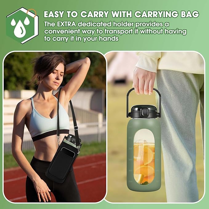 Glass Water Bottles 64 oz - Large Half Gallon Motivational Glass Water Bottle with Time Marker Straw Phone Holder Handle, 64oz Daily Water Intake Jug with Silicone Sleeve for Office Work Gym Olive