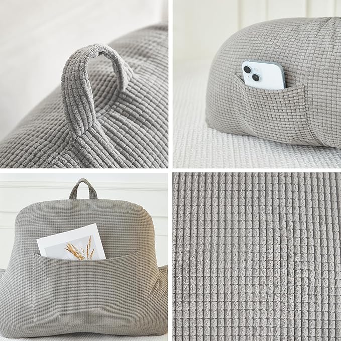 Back Pillow for Bed Sitting Up,Reading Pillow for Sitting in Bed Adult with Arm Pillow,Back Rest Pillow for Sitting in Bed with Pockets,While Gaming,Working,Watching,Large-Gray
