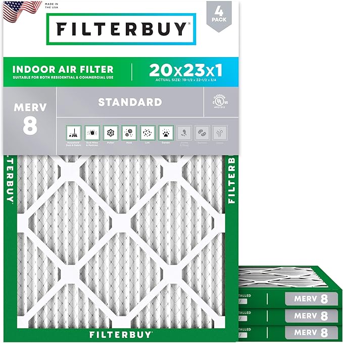 Filterbuy 20x23x1 Air Filter MERV 8 Dust Defense (4-Pack), Pleated HVAC AC Furnace Air Filters Replacement (Actual Size: 19.50 x 22.50 x 0.75 Inches)