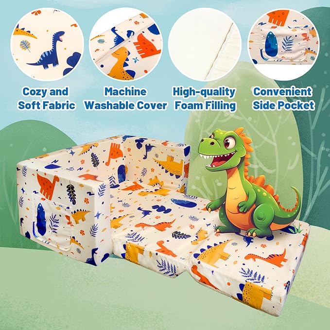 Kid Couch, Children's 2 in 1 Convertible Sofa to Lounger, Extra Soft Flip Open Chair Sofa Bed, Cute Star/Dinosaur Print Toddler Chair for Kids Girls Boys (Grass Dinosaur, Medium)
