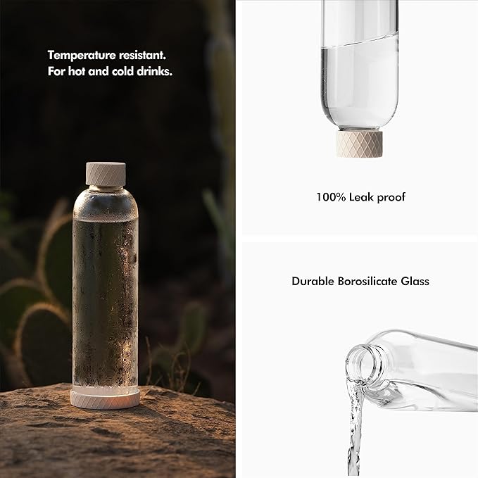 KIVY 32 oz Glass Water Bottle with Silicone Sleeve - Neutral glass waterbottle 32oz - Aesthetic water bottles glass bottle - Borosilicate glass water bottle 32 oz - White water bottle glass