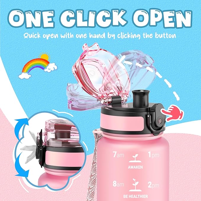 OLDLEY Kids Water Bottle for School, 17 oz (2 lids) BPA-Free Reusable Leak-proof Durable Tritan Plastic Water Bottles with Straw & Chug Lids, Anti-dust Spout Cover (Pink Blue)