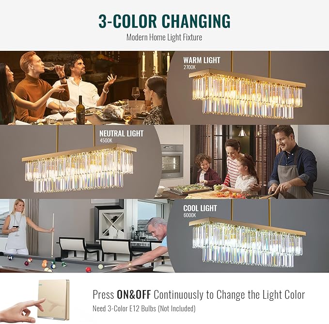 Siljoy 10 Lights Modern Crystal Chandelier Gold Rectangular 2 Tiers Crystal Raindrop Chandelier Luxury Adjustable Rectangle Flush Mount Pendant Ceiling Light for Dining Room Kitchen Island Bar L40''