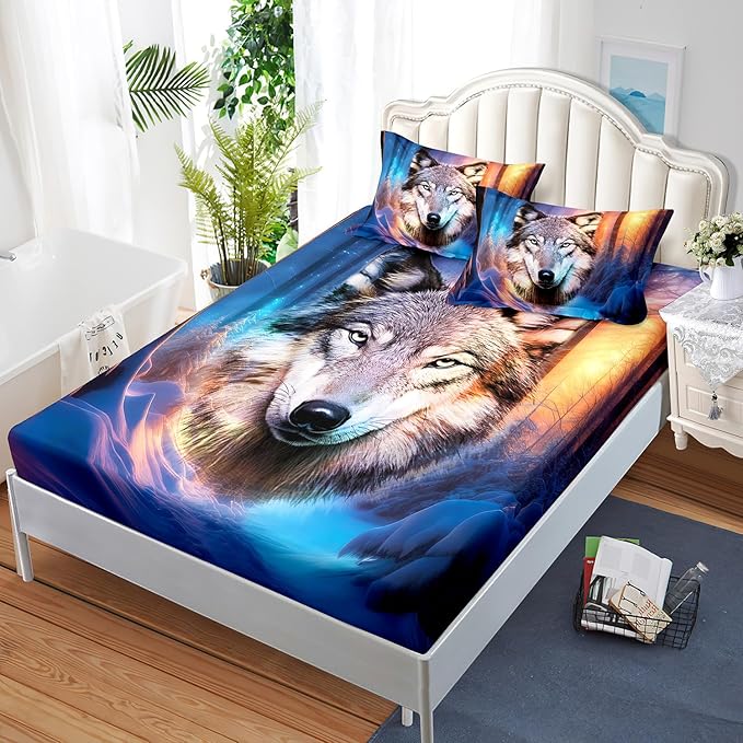 AILONEN Wolf Fitted Sheet Set Twin XL Size, Winter Forest Wildlife Bedding Set Wolf Sheet Set for Boys Teen Kids,Safari Wolf Printed Bed Sheet Set Wolf Fitted Sheet with 2 Pillowcases,3 Pieces