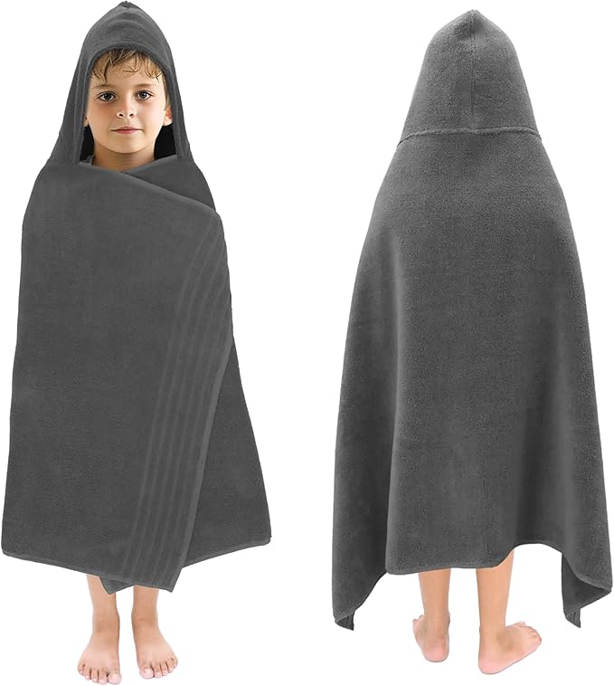Hooded Bath Towel Wrap - Super Zero Twist 100% Cotton Large Oversized Hooded Kids Towel - Toddler Shower Pool Beach Towel - Super Soft Absorbent Quick Dry Easy Care Gift - 30 x 54 - Grey