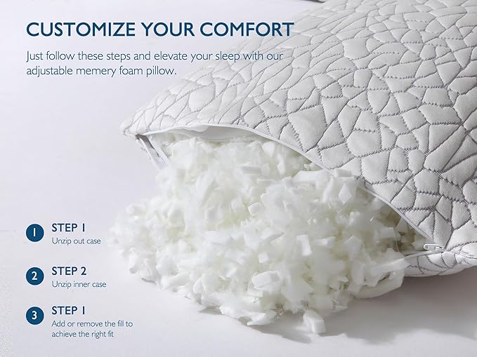 Dafinner Memory Foam Pillows King Size Set of 2 | Adjustable Stomach, Back or Side Sleeper Pillow | Soft Cooling Bamboo Rayon Cover, Original Shredded Memory Foam Pillows Inserts 2 Pack, 20"x36"