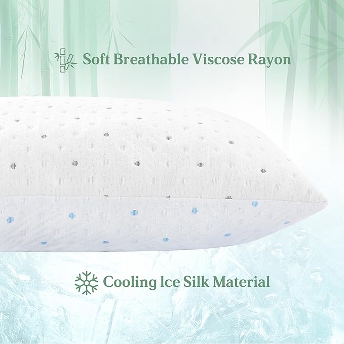 Cooling Standard Pillows Set of 2 Adjustable Height & Firmness Shredded Memory Foam Bed Pillows for Sleeping with Soft Cover Sleeping Pillows for Adults for Side Back Stomach Sleeper