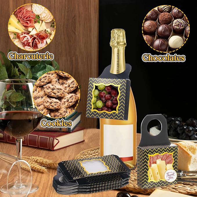 ISKYBOB 20PCS Wine Bottle Box with Window, Kraft Paper Wine Boxes for Birthday Gifts Hanging Wine Treat Box Mini Charcuterie Boxes Champagne Bottles Gift Boxes Candy Box for Party Favor (Black Gold)