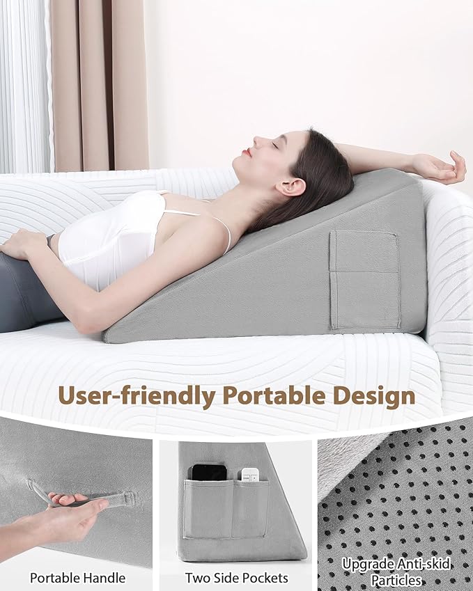 Wedge Pillow for Sleeping, 12 Inch Bed Wedge Pillo, Memory Foam Top Triangle Pillow Wedge for Head, Back, Leg with Washable Cover