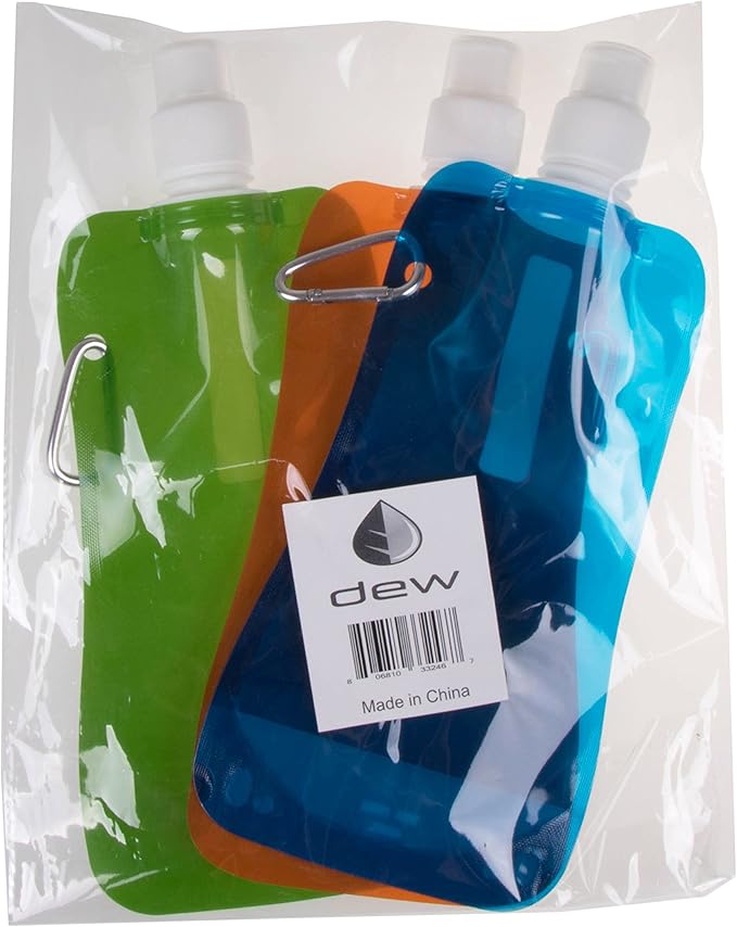 Clever Creations Collapsible Sports Water Bottle 3 Pack, Foldable Leak Proof Travel Bottles for Camping and Hiking, 480 mL Capacity, Blue, Orange, and Green
