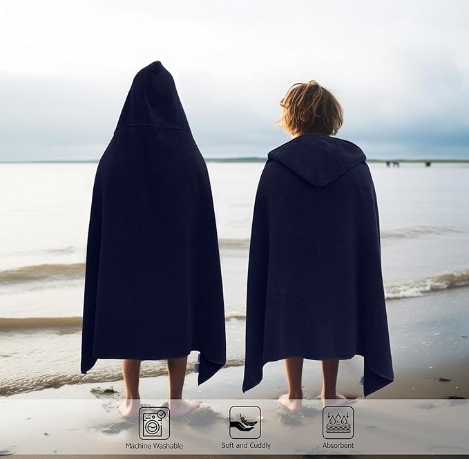 Hooded Bath Towel Wrap -Super Zero Twist 100% Cotton Large Oversized Hooded Kids Towel - Toddler Shower Pool Beach Towel - Super Soft Absorbent Quick Dry Easy Care Gift - 30 x 54 - Navy