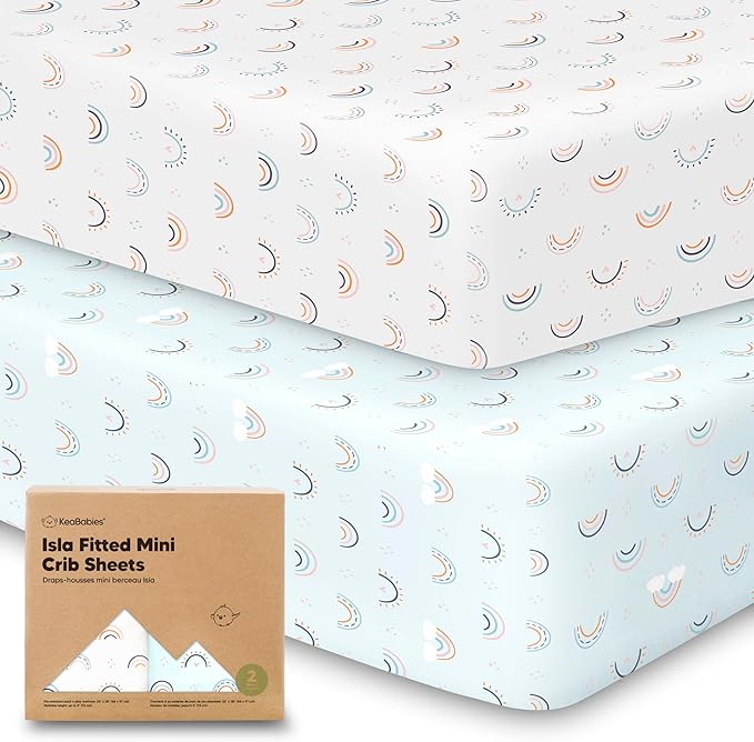 Pack and Play Sheets Fitted, 2-Pack Mini Crib Sheets - Pack N Play Sheets, Organic Fitted Crib Sheet for Pack and Play Mattress, Playard Baby Crib Sheets, Crib Sheets Neutral for Boys (Jolly Rainbow)