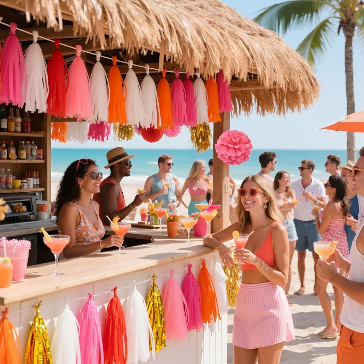 Shiny Tassel Garland Tissue Paper Tassel Banner,Tassels Decorations for Summer Luau Flamingo Girl,Wedding,Pumpkin Birthday Party,Bridal/Baby Shower,Pack of 20 (Hot Pink/Orange/Gold/White)