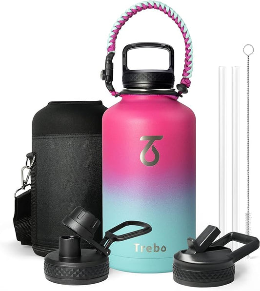 Water Bottle 64oz with Paracord Handle, Trebo Half Gallon Double Wall Vacuum Stainless Steel Insulated Jug with Straw Spout Handle Lids, Leakproof Water Flask Keep Cold Hot Thermo Canteen Mug,Rose Red