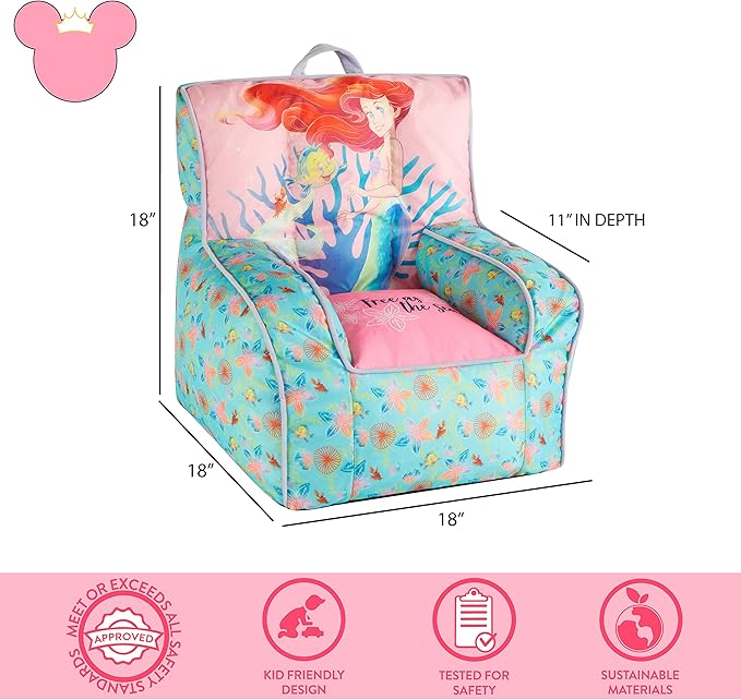 Idea Nuova Disney Little Mermaid Kids and Toddler Canvas Bean Bag Chair with Piping & Top Carry Handle