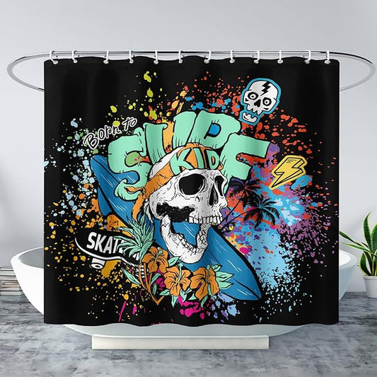 AILONEN Surf Skull Shower Curtain for Bathroom,Colorful Graffiti Flower Art Bathroom Curtain for Kids Boys Girls,Bath Curtain 48" W*72" H Polyester Waterproof Bathroom Curtain with 12 Hooks