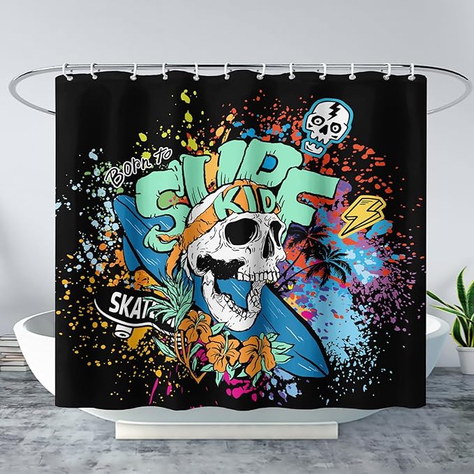 AILONEN Surf Skull Shower Curtain for Bathroom,Colorful Graffiti Flower Art Bathroom Curtain for Kids Boys Girls,Bath Curtain 36" W*72" H Polyester Waterproof Bathroom Curtain with 12 Hooks
