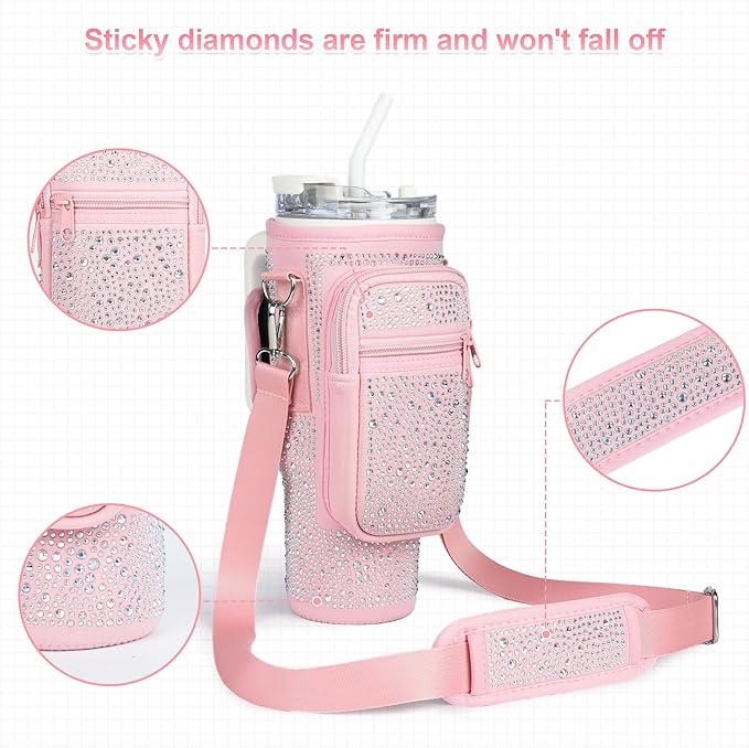Bling Diamond Water Bottle Carrier Bag with Phone Pocket for Stanley 40/30 oz Tumbler with Card Holder,Neoprene Water Bottle Holder Pouch with Adjustable Strap for Stanley Cup Accessories