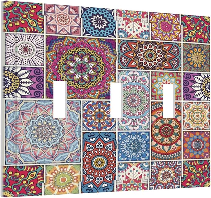 Morocco Talavera Mexican Tiles Printed Colroful Mandala 3 Gang Light Switch Covers Triple Toggle Wall Plate Decorative Switchplate Electrical Faceplate for Kitchen Bathroom Bedroom Decor