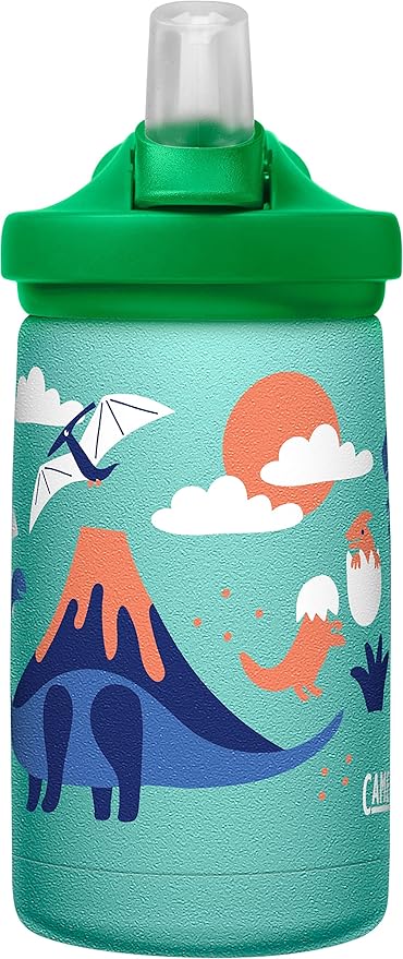 CamelBak eddy+ Kids Water Bottle with Straw, Insulated Stainless Steel - Leak-Proof when Closed, 12oz, Dino Volcanos