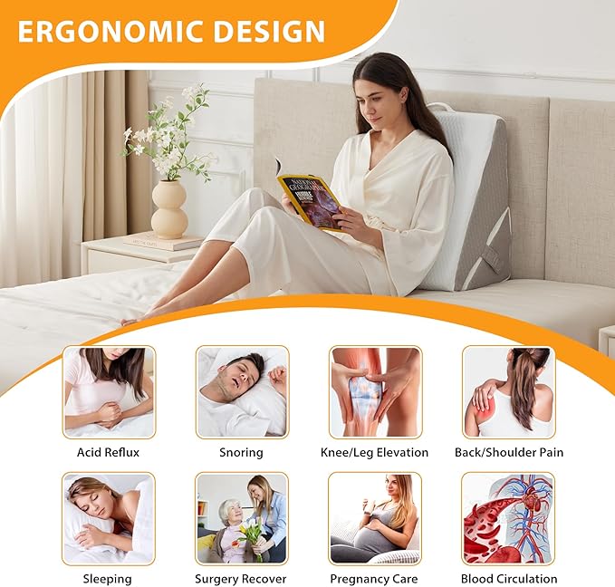 Bed Wedge Pillow for Sleeping, 9&12 Inch Wedge Pillow for Back Pain Relief, Adjustable 7-in-1 Memory Foam Triangle Pillow for Back and Leg Support, Acid Reflux, Snoring & Gerd, White/Grey