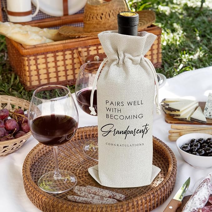 Pairs Well with Becoming Grandparents - Gifts for New Grandma Grandpa Wine Bags, 1 PC Reusable Drawstring Burlap Wine Bottle Bags, Baby Announcement Gifts for Dad Mom, Wine Accessories -46