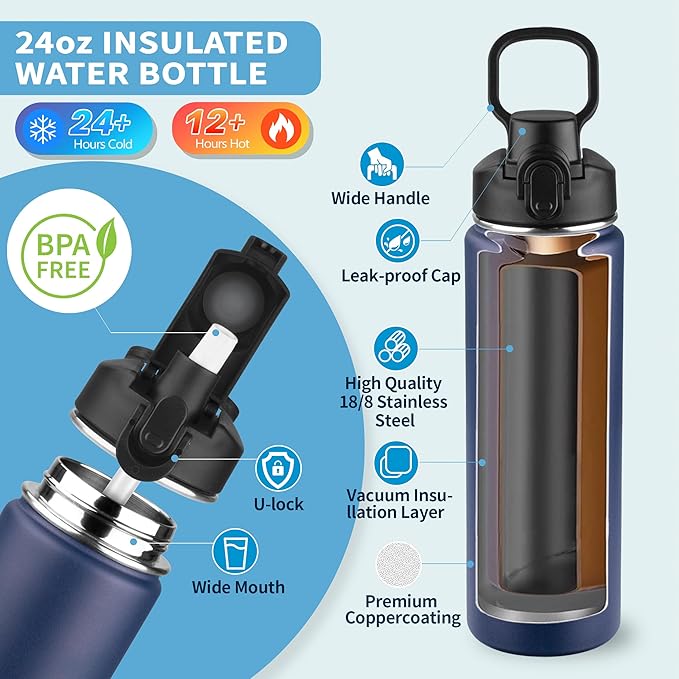 Insulated water bottle with Straw,24oz Stainless Steel Water Bottle for Adult Kids,Double Wall Vacuum Wide Mouth Insulated Water Bottle for Sports,BPA-free and Leak-proof（24oz,Navy blue）