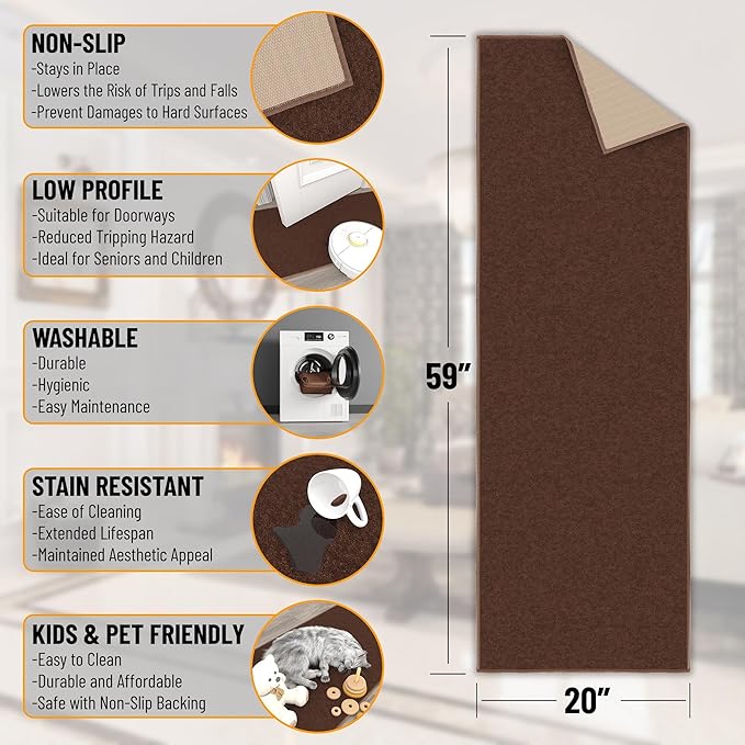 Machine Washable Modern Solid Design Non-Slip Rubberback 2x5 Traditional Runner Rug for Hallway, Kitchen, Bedroom, Entryway, 20" x 59", Brown