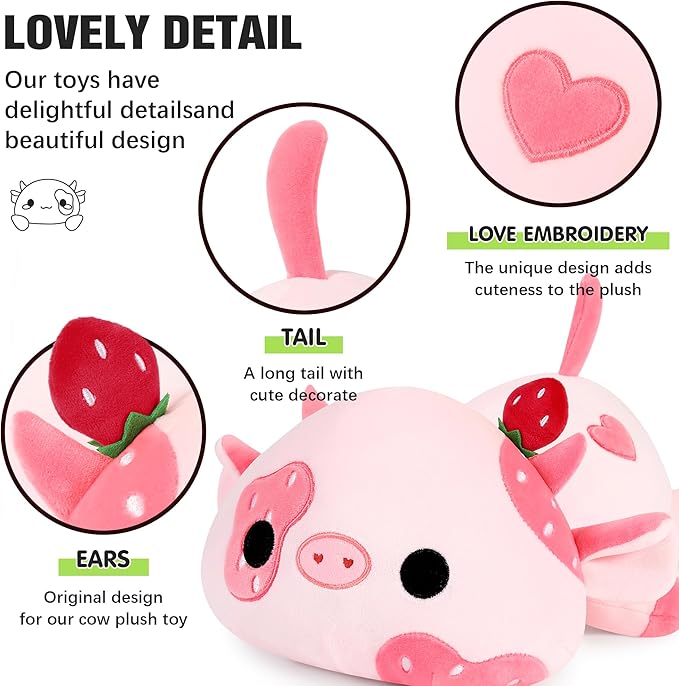 Onsoyours Cute Cow Plushie, Soft Stuffed Strawberry Cow Squishy Plush Animal Toy Pillow for Kids (Strawberry Cow, 9")
