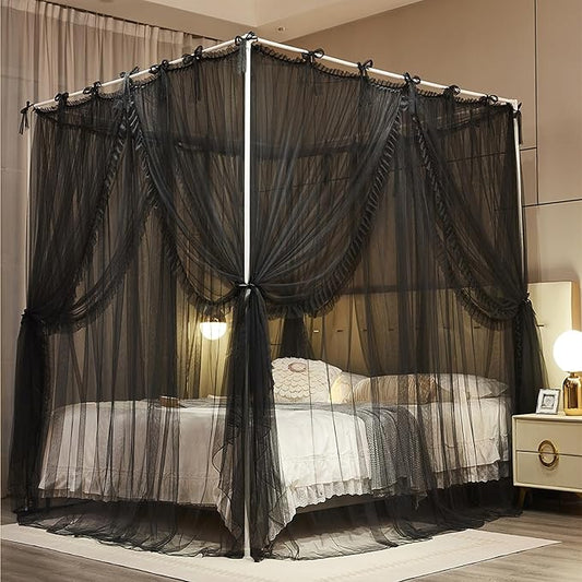 4 Corners Post Princess Curtain Bed Canopy Lace Up Double Layer 4 Opening Mosquito Net Mesh for Girls Bedroom Decoration(Black, 78" W*86" L*82" H/King)