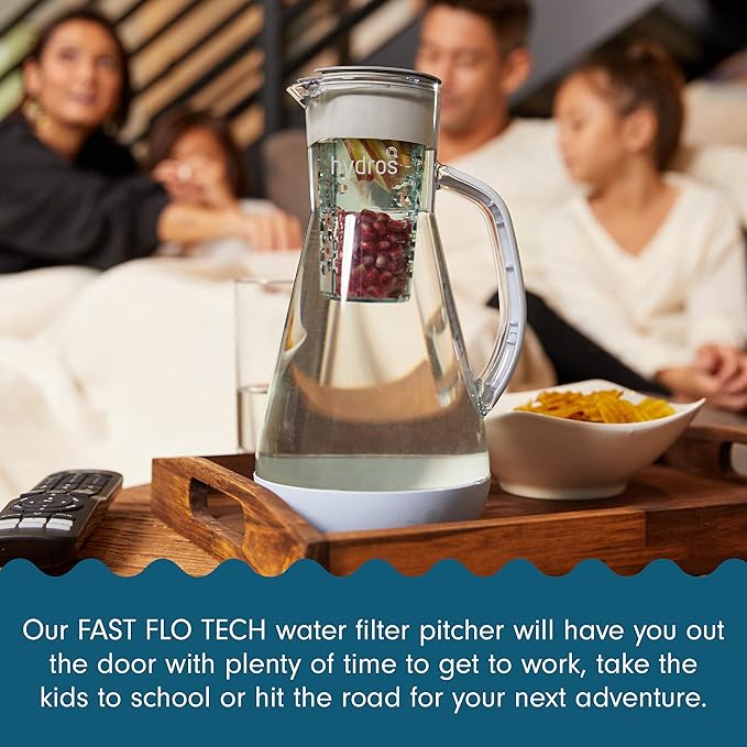 Hydros 64 Ounce Water Filter Pitcher with Patented Fast Flo Tech, 60 Second Quick Fill-Up and BPA-Free Recyclable Filter, Eight Cup Capacity, White