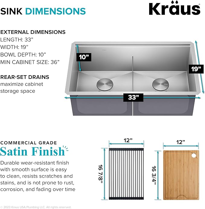 KRAUS KWU112-33 Kore Workstation 33-inch Undermount 16 Gauge Double Bowl Stainless Steel Kitchen Sink with Integrated Ledge and Accessories (Pack of 8)