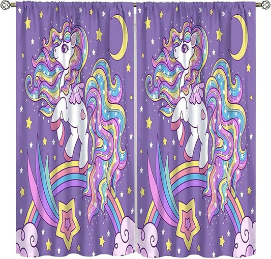 Unicorn Curtains Fantasy Star Moon Cartoon Theme Curtains Cute White Unicorn Rainbow Design Printed Curtains Boys Girls Room Curtains 42x45 Inch 2 Panels