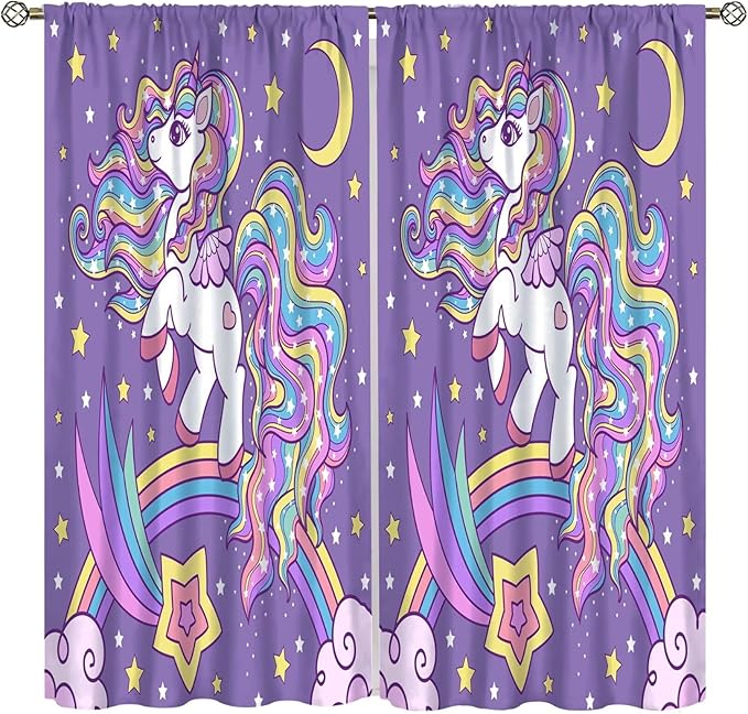 Unicorn Curtains Fantasy Star Moon Cartoon Theme Curtains Cute White Unicorn Rainbow Design Printed Curtains Boys Girls Room Curtains 72x63 Inch 2 Panels