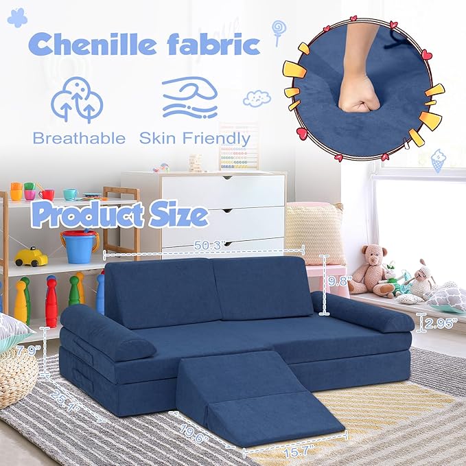 Kids Couch, 9 PCS Play Couch Sofa for Kids Imaginative Furniture Play Set for Creative Kids,Toddler to Teen Bedroom Furniture, Couch Sofa Foam Play Couch Indoor Outdoor（Chenille Blue）