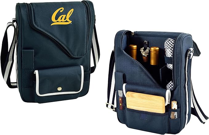 California Berkeley University Licensed Golden Bears Deluxe Wine Carrier with Wine Glasses and Accessories for Two Assembled & Quality Approved in The USA