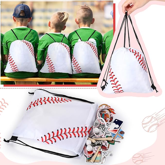 Layhit 134 Pcs Party Favors Set Include Cosmetic Bag Drawstring Backpack Hair Ties Charm Bracelets Silicon Bracelets Water Bottles Keychains Stickers for Sport Team Gifts (White,Baseball)