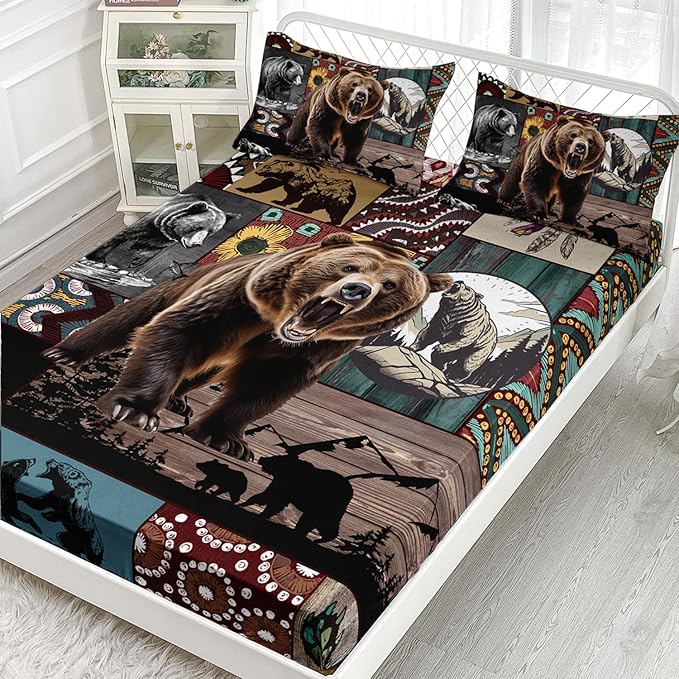 AILONEN Roaring Bear Fitted Sheet Set Twin XL Size, Rustic Cabin Bed Sheet Set,Wildlife Bedding Grey Bear Plaid Sheet Set,3 Pieces Teen Men Boys Bed Sheet Set,1 Fitted Sheet with 2 Pillowcases