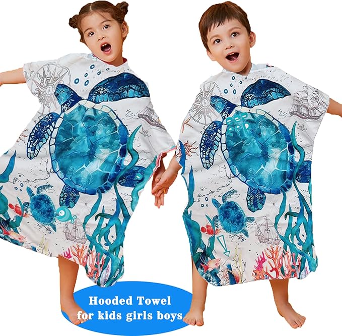 Turtle Kids Bath Beach Towels with Hood for Toddlers Premium Microfiber Quick-Dry Kids Hooded Towel for Shower/Beach/Swim Bathrobe
