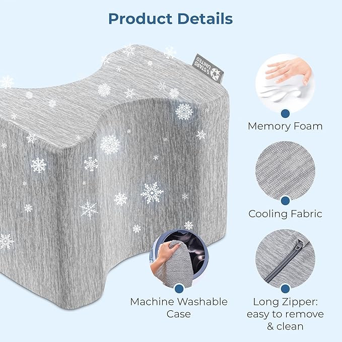 5 STARS UNITED Knee Pillow for Side Sleepers - Cooling Cover - Memory Foam Leg Pillow for Side Sleeping - Between Legs Pillow for Hip and Lower Back Pain - Sciatica Pain Relief