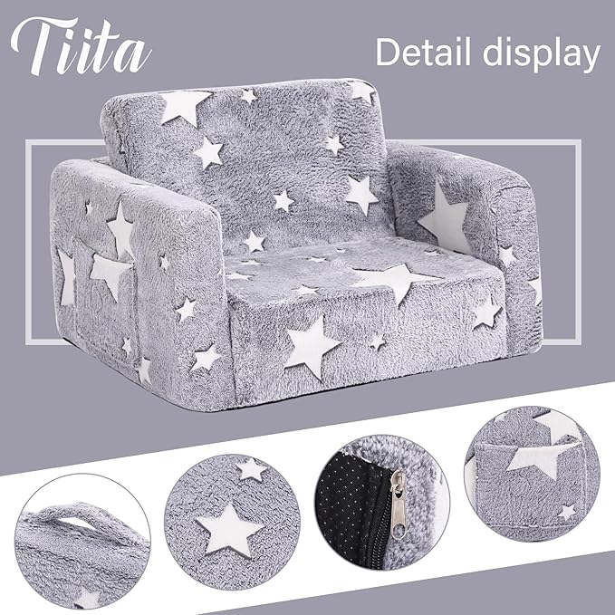Tiita Kids Chair Comfy, Toddler Plush Sofa Bed Fold Out, 2-in-1 Kids Couch Chairs Flip Out, Convertible Children Couch Lounger, Baby Armrest Chair Bed for Girl or Boy, Grey Star