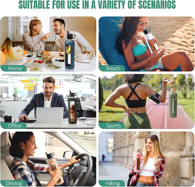 32oz Glass Water Bottle With 2 Lids-Flip Straw Lid, Bamboo Lid, Glass Water Bottle With Silicone Sleeve, Motivational Time Marker, Glass Juice Bottle for Cold Drink,Light Blue