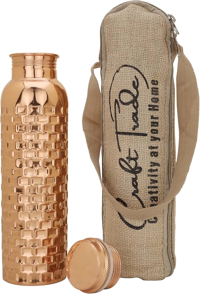 Copper Water Bottle Ayurveda Pure Copper Water Bottle for Drinking 32 oz Antique Black Leak Proof Joint Less Pure Copper Water Bottle with Lid-Purw Water Bottle 950 ML For Gym, Office, Hiking,Travel