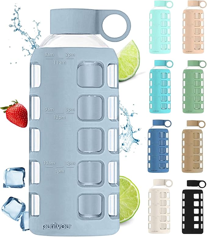 purifyou Premium 40/32 / 22/12 oz Glass Water Bottles with Volume & Times to Drink, Silicone Sleeve & Stainless Steel Lid Insert, Reusable Bottle for Fridge Water, Milk, Juice (22oz Ice Blue)