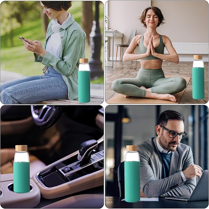 Laster Glass Water Bottle 20 Oz, 600 ml, made of Borosilicate Glass, 1 Bamboo & 1 Stainless Steel Lid, BPA Free, Non-Slip Silicone Sleeve (Leafy Green)