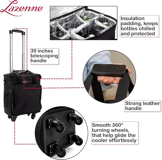 Lazenne Wine Bags for Travel - 6 Bottle Wine Bag/Wine Carrier - Wine Luggage For Professionals and Consumers. 3-in-1 Wine Tote, Rolling Suitcase and Insulated Cooler Bag with Removable Dividers