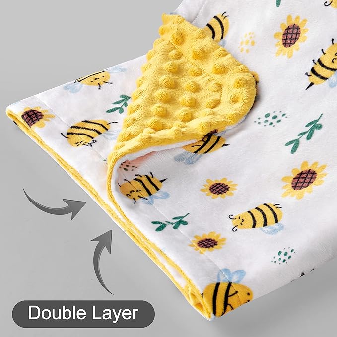 DaysU Silky Micro Soft Plush Baby Blankets Unisex with Print Animal Pattern and Soothing Raised Dots, Double Layer Bed Throws for Baby Crib, Bee, Yellow, 30x40 Inches