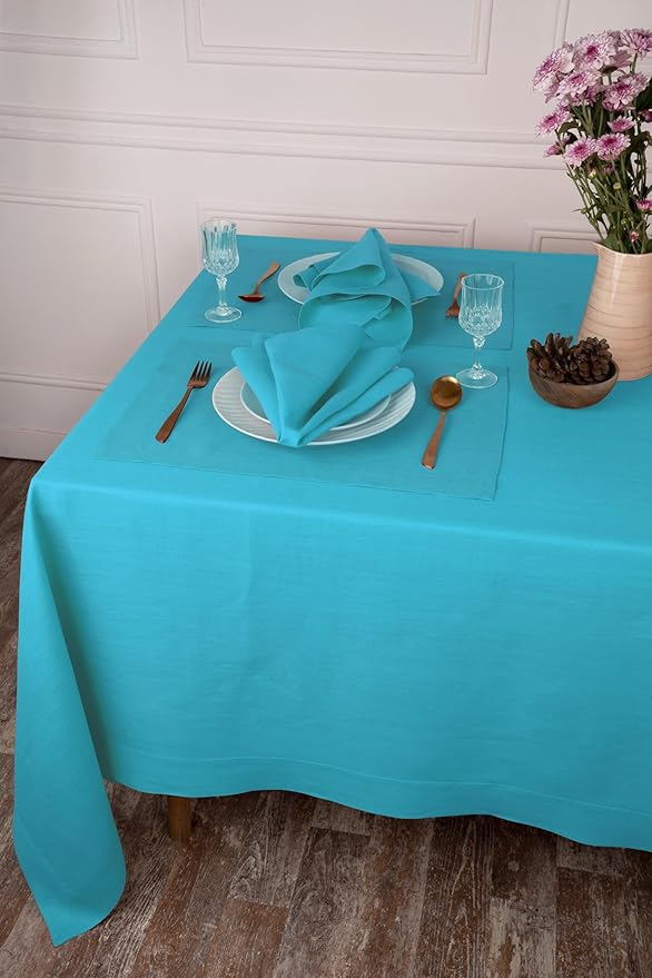 D'Moksha Homes Linen Tablecloth 60 x 126 Inch - 100% Pure Linen Cyan Blue Tablecloth - Machine Washable Dining Tablecloth for Rectangle Tables